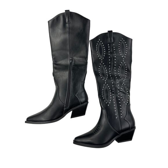 Just Fab - Casey Western Cowboy Boot in Black and Silver - Picture 1 of 4